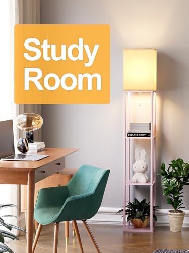 Pink Floor Lamp with Shelves for Living Room, Shelf Floor Lamp with 3 CCT LED Bulb, Corner Display Standing Column Lamp Etagere Organizer Tower Nightstand with White Linen Shade for Bedroom, Office - Image 7