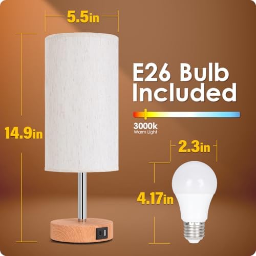 Yarra-Decor Bedside Lamp with USB A+C Port - Touch Control Table Lamp for Bedroom Wood 3 Way Dimmable Nightstand Lamp with Round Flaxen Fabric Shade for Home Office (LED Bulb Included) - Image 5