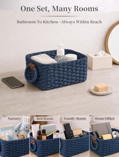 Small Wicker Baskets, 3 PCS Paper Rope Baskets for Shelves, Blue - Image 6