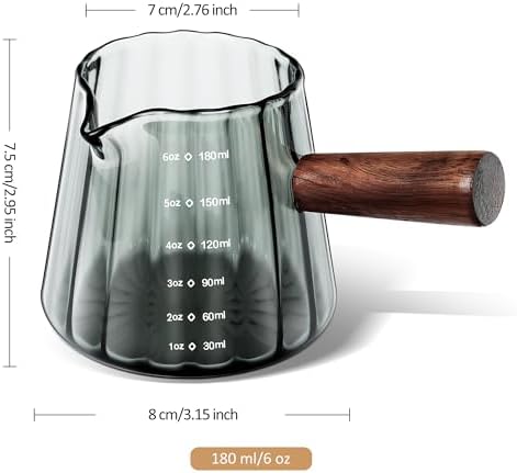 Joeyan 6 oz Grey Glass Measuring Cups with Spout,Borosilicate Glass Triple Pitcher with Scale,Origami Style Espresso Shot Glasses with Wood Handle for Coffee Milk,Dishwasher Safe - Image 6