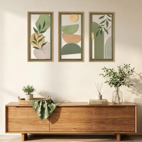 IARTTOP Boho Sage Green Wood Wall Art Framed 12X24 Inch Mid Century Minimalist Botanical Artwork Abstract Geometric Line Wall Decor for Living room Bedroom Set of 3 - Image 6