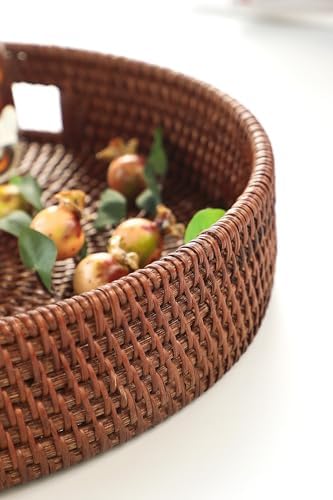 HITOMEN 14.2" Hand-Woven Round Rattan Serving Tray Decorative Ottoman Wicker Platter with Handles for Coffee Table, Breakfast, Drinks, Snack, Bread, Fruit, Vegetables (Brown - L) - Image 5