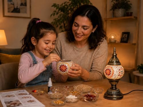 KRAFTSTORIES Turkish Mosaic Lamp Kit DIY Glass Decorative Table Bedside Night Light Tabletop for Living Room Bedroom | Make Your Own Lamp | Antique Bronze Base (Sunset) - Image 6