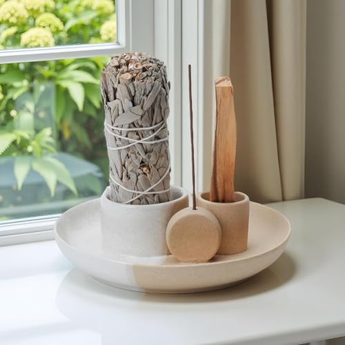 4 in 1 Incense Holder, Ceramic Incense Stick and Palo Santo Holder,Sage Holder for Burning- 4.25" Ceramic Ash Catcher Tray for Meditation and Yoga Room (White Sand) - Image 6