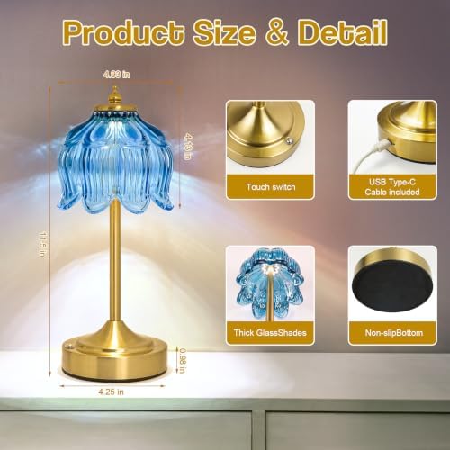 Cordless Table Lamp, Rechargeable Blue Glass Lotus Flower Lamp - Image 7