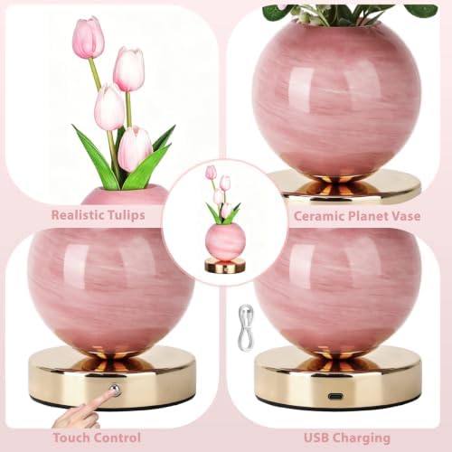 VEEKI Pink Tulip Flower Lamp, Rechargeable Cordless LED Floral Table Lamp - Image 7