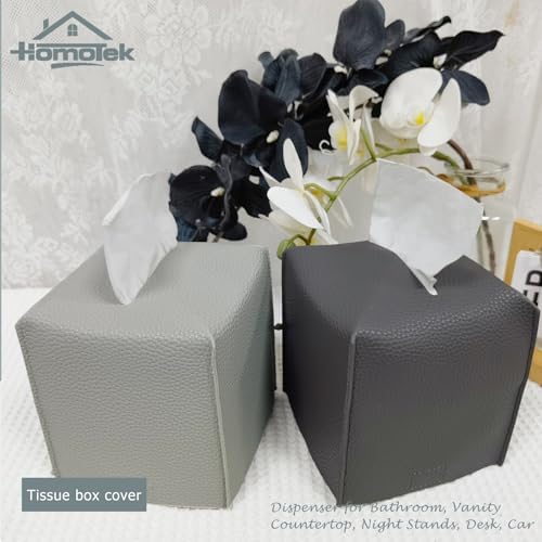 HOMOTEK 2 Pack Tissue Box Cover, Square PU Leather Tissue Holder, Decorative Facial Tissue Cube Paper Organizer Dispenser for Bathroom, Night Stands, Desk, Car 5X5X5'' - Light Gray, Pebble Grain - Image 6