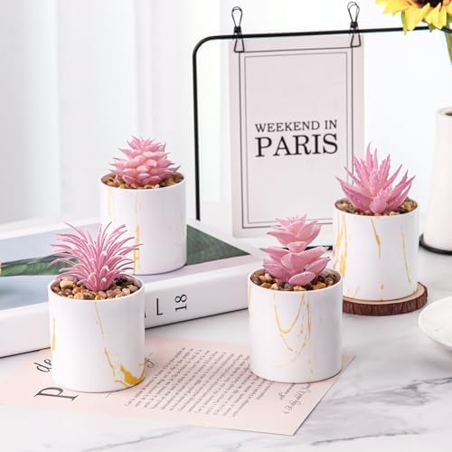 Der Rose 4 Pack Pink Fake Plants in Gold Accent Pots for Office Desk Decor - Image 6