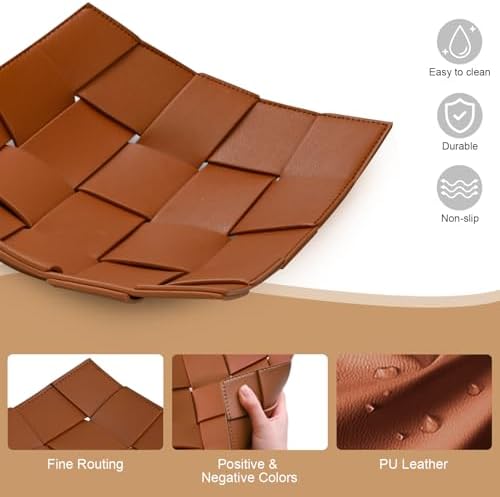 Valet Tray PU Leather Key Holder Bowl for Men and Women Entryway Table Nightstand Catchall Storage Organizer EDC Dump Tray for Wallet, Keys, Coins Men's Gift - Brown, 9.8" L x 9.8" W x 2" H - Image 6