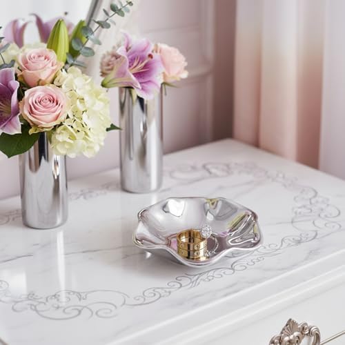 Small Flower Ring Dish Jewelry Tray Organizer, Shiny Silver - Image 7