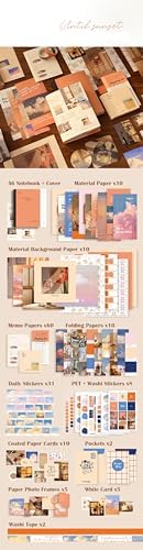 Vintage Scrapbooking Supplies Kit, 155pcs Bullet Junk Journal Kit with Journaling Supplies Aesthetic Scrapbook Paper A6 Grid Notebook, Scrapbook Kit, Craft DIY Gift for Adults, Sunset Theme, Orange - Image 7