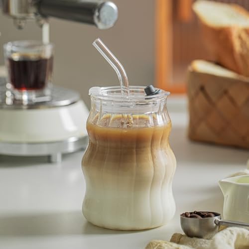 KEMORELA Ribbed Glass Cups with Lids and Straws,18oz Cute Iced Coffee Cups - Image 6