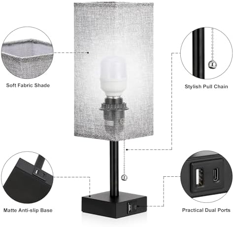 Set of 2 Grey Bedside Table Lamps for Bedroom - Nightstand Lamp, USB C+A - Image 7