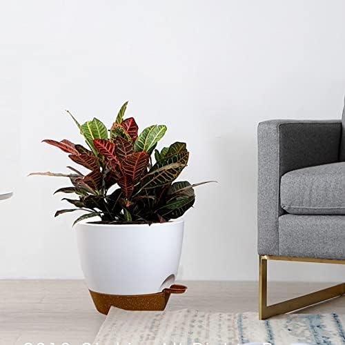 UOUZ Large Self Watering Pots, 12/10/9 Plastic Planters with High Drainage Holes and Deep Reservoir for Indoor Outdoor Garden Plants and Flowers, White with Brown - Image 7