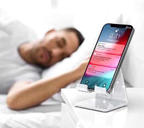 Crpich Acrylic Cell Phone Stand, Portable Phone Holder, Phone Stand for Desk, Compatible with Phone16 15 14 13 12 Pro Max Mini 11 Xr Plus SE, Switch, Android Smartphone, Pad, Tablet, Glitter Silver - Image 7