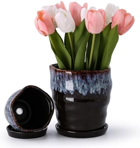 4+6 Inch Ceramic Planter Set of 2 with Drainage Hole,Saucer for Plants, Indoor-Outdoor Round Succulent Orchid Flower Pot- Cement Paint, Inner-pots not Larger Than 5 Inch Reactive Glaze Spot - Image 6
