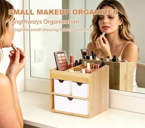 Bamboo Organizer with 3 Drawers, Small Organizer for Bathroom Countertop, Makeup Vanity Skincare/Cosmetic Organizer Box, Desktop Organization for Stationery, Adjustable & No Assembly Required - Image 7
