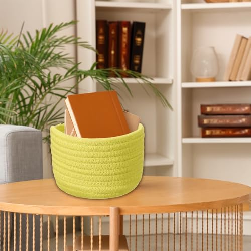 uxcell Yellow Small Cotton Rope Woven Storage Basket, Shelf Closet Storage Gift Woven Baskets Cute Nursery Box Bin Decor Organization Bin for Home Supply, Round, 5.6x3.6 - Image 7