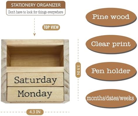 EXQUIDECA Natural Pine Wood Desk Blocks Perpetual Calendar with Pen Holder - Image 5