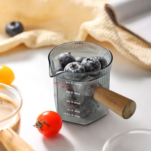 Joeyan 4 oz Grey Double Spouts Measuring Triple Pitcher Milk Cup with Wood Handle,Ribbed High Borosilicate Glass Measuring Cup, Espresso Shot Glasses - Image 6