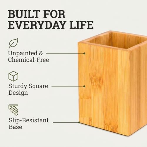 Eco-Friendly Bamboo Pen Holder | Minimalist Wooden Pencil Cup | Natural Desk Organizer Box for Office, School, or Vanity | Sustainable Square Storage Container | Unpainted Finish - Image 7