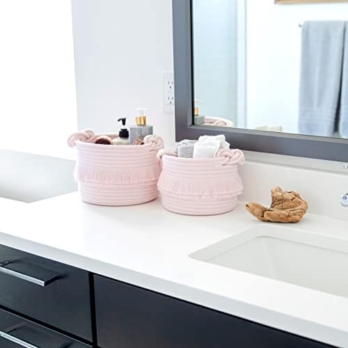 NaturalCozy 3-Piece Decorative Storage Basket Set – Pink Cotton Rope Small Woven Baskets for Organizing for Nursery Baby Stuff, Gift, Vanity, Montessori, Dog Cat Toy Bin, Planter, Bathroom Shelves - Image 6