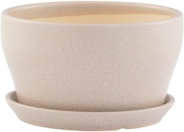 Napco Modern Minimalist Ceramic Planter with Drainage & Saucer – Small 5 x 5.25 Inch Matte Speckled Tan Flower Pot for House Plants, Succulents & Herbs, Contemporary Home & Office Décor by Napco