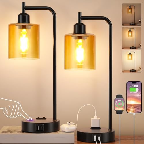 Industrial Touch Nightstand Lamps for Bedrooms Set of 2 - 3-Way Dimmable Table Lamps with USB C+A Ports and Outlet, Bedside Lamps with Amber Glass Shade for Living Room, Desk Lamps for Home Office - Image 7