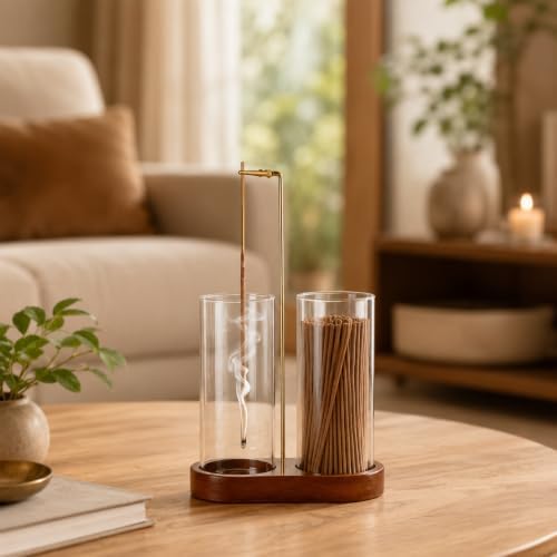 Incense Holder with 2 Tall Glass Bottle,Wooden Base Incense Stick Holder for Desktop,Incense Burner for Ash Collection,Ash Container for Meditation, Yoga, Spa, Home Decor - Image 6