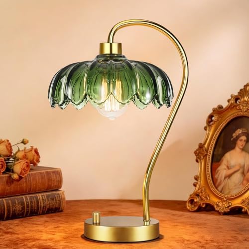 ILLMTW Flower Table Lamp for Bedroom Living Room,Small Gold Bedside Lamps Dimmable Boho Bedroom Lamp with Glass Green Lamp Shade,Vintage Mid Century Modern Mini Nightstand Lamp - Image 7