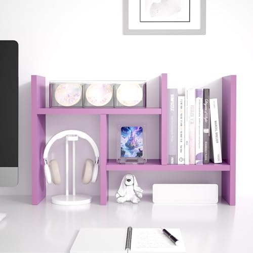 Jerry & Maggie Desktop Organizer Office Storage Rack Adjustable Wood Display Shelf Free Style Double H, Multi-Functional Mini Bookshelf for Desk Natural Stand (Violet) - Image 7