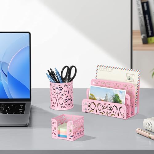 EasyPAG Desk Organizers and Accessories 3 Pieces Office Organizer Set - Pen Holder for Desk, Mail Sorter Countertop and Sticky Note Holder, Pink - Image 7