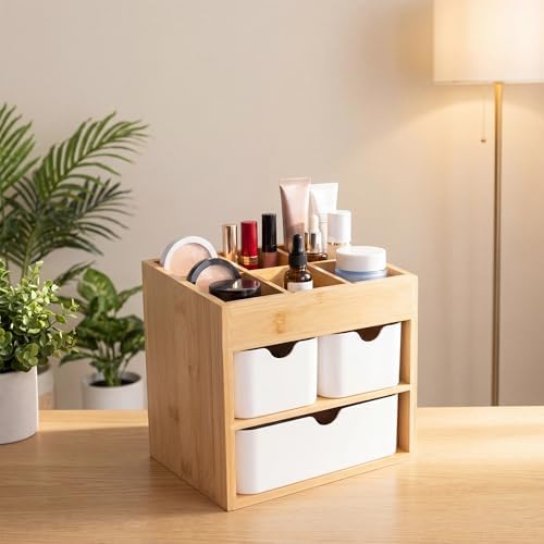 Small Bamboo Makeup Organizer with 3 Drawers - Image 7