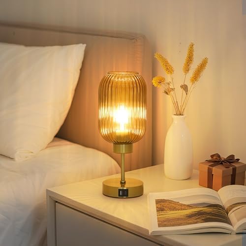 Vintage Gold Table Lamps Set of 2 Touch Control, Small Desk Lamp with Amber Glass Shade, Bulb, Charging Port, Mid Century Modern Bedside Lamp, 3 Way Dimmable Nightstand Lamp for Bedroom Living Room - Image 7