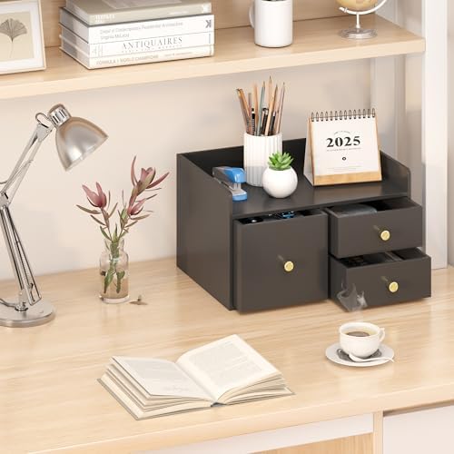 Bamboo Desk Organizer with Drawers,Wooden Desktop Storage (Black,3 Drawers) - Image 7