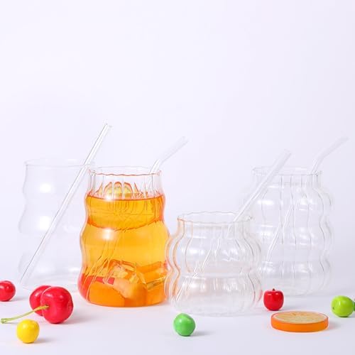 MAQUITA 4 Pcs Ribbed Glass Cups with Glass Straw, Cute Aesthetic Vintage Drinking Glasses, Wave Shape Design Bubble Cups for Iced Coffee Juice Cocktails Tea Milk - Image 7
