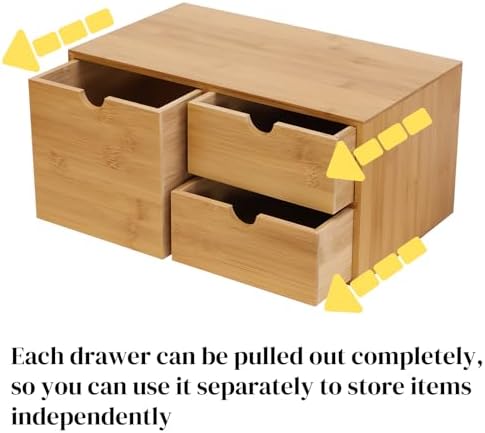 Small Desk Drawer Organizer, Bamboo Mini Desktop Drawer, Wood Tabletop Storage Organizer Box for Office Home Dormitory Toiletries Cosmetics Supplies, No Assembly Required (3 Drawers) - Image 6