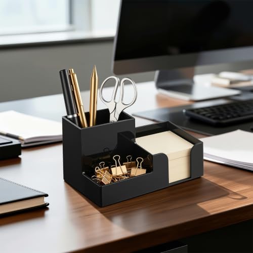 HBlife Acrylic Pen Holder for Desk, 3-Compartment Small Desk Organizer, Black Office Supplies Desk Accessories with Sticky Notes Holder Stores Post It Notes 3X3 for Office, Home and School - Image 7