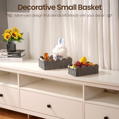 iEGrow Paper Rope Small Storage Baskets for Organizing, Set of 2 Scalloped Edge Wicker Basket with Wooden Handles Toilet Paper Basket for Over Toilet Storage Shelf, Home Decor, Living Room (Grey) - Image 7