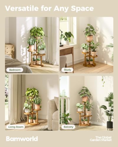 Bamworld Plant Stand Indoor Wood Plant Shelf 3 Tier Brown - Image 6