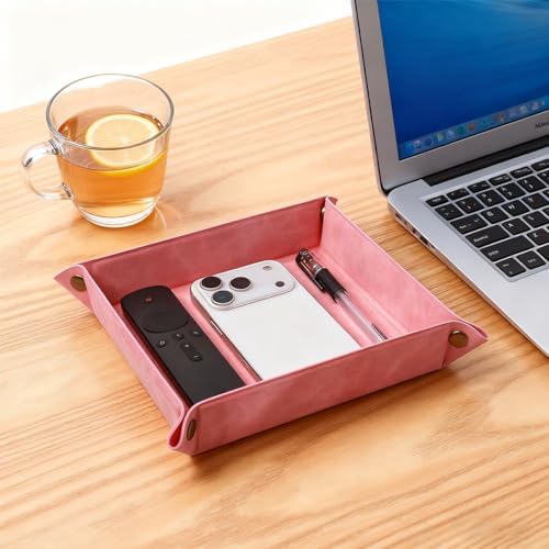 Valet Tray Desktop Storage Organizer – Premium PU Leather Catchall Bedside Vanity Tray Nightstand Caddy Holder for Remote Controller, Keys, Phone, Wallet, Coin, Jewelry,Pink - Image 6