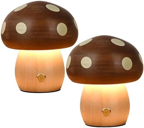 Wood Small Mushroom Table Lamp, LED Rechargeable Cordless Touch Bedside Lamps, Stepless Dimming Night Light, Battery Lamp for Bedroom Nightstand Birthday Gifts (2pcs Mushroom Lights) by Unknown