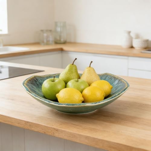 QIANLING 12" Green Decorative Bowl, Large Ceramic Fruit Bowl for Kitchen Counter, Decorative Large Shallow Ceramic Serving Bowl, Key Bowl for Entryway Table, Teal Tray for Home Decor - Image 7