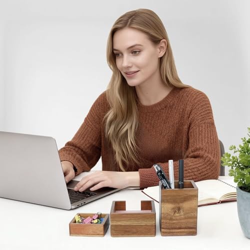 RAWILL 3 PCS Brown Wooden Desk Organizer Set Pine Wood Office Desk Accessories with Pen Holder, Paperclip Storage and Sticky Note Holder, Wood Grain Clear, Ideal Gift for Office and Family - Image 6