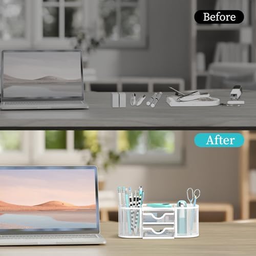 SUPEASY Mesh Desk Organizer, Pen Holder for Desk with 2 Drawers, White - Image 7
