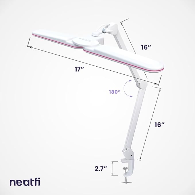 Neatfi Elite HD XL LED Desk Lamp, 3 Light Modes, 90PCS SMD LED, Non-Polar Dimming, Bright Eye-Caring Lighting for Home Office, Drafting, Beauty Shop, Workbench (CCT with Clamp, Pink Ring, 17 Inches)