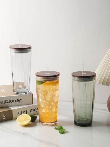 NIRA.Z Glass Tumbler with Lid and Straw 20oz, Ribbed Aesthetic Iced Coffee Glass Cup, Amber Drinking Glass with Wooden Lid, Reusable Straw Cup - Image 7