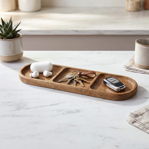 Small Wooden Tray | Acacia Wood Tray for Vanity, Bathroom Counter, Coffee Table & Toilet | Perfect for Jewelry, Key & Catch All | Mini Charcuterie Board Serving Platter (Oval 3-Compartment) - Image 7