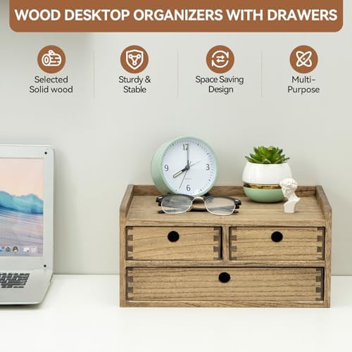 KIRIGEN Wooden Desk Organizer with 3 Drawers and Top Shelf Brown DT2D3C-DBR - Image 7