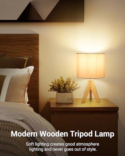 DEWENWILS Mid Century Bedside Lamp, Small Tripod Table Lamp with Linen Fabric Shade, Wood Nightstand Lamp for Nursery, Living Room, Bedroom, End Table, UL Listed, 14.2 Inch, ON/Off Switch - Image 6